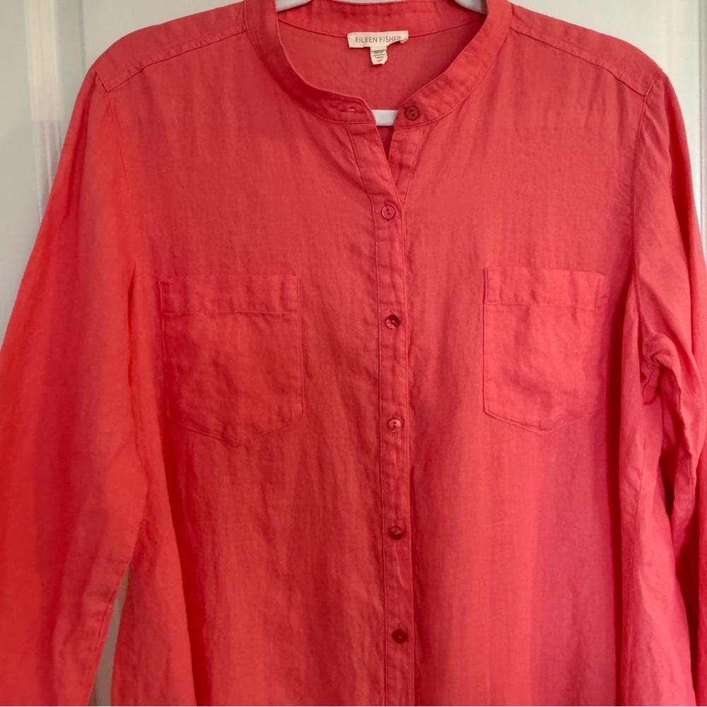 Eileen Fisher Organic Irish Linen Coral Button Down Shirt - Picture 4 of 9